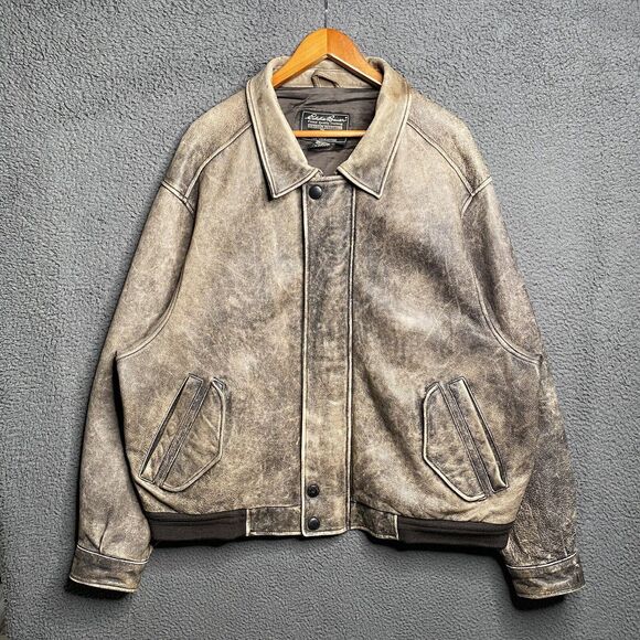Eddie Bauer Mens 2XL Leather Bomber Jacket Full Zip Brown Distressed Gradient - Picture 1 of 16